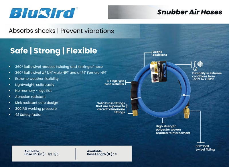 BLUBIRD BBSR3805 3/8" x 5' Rubber Air Snubber Hose, 100% Rubber, Lightest, Strongest, Most Flexible, 300 PSI, 50F to 190F Degrees, Ozone Resistant, High Strength Polyester Braided - Image 3